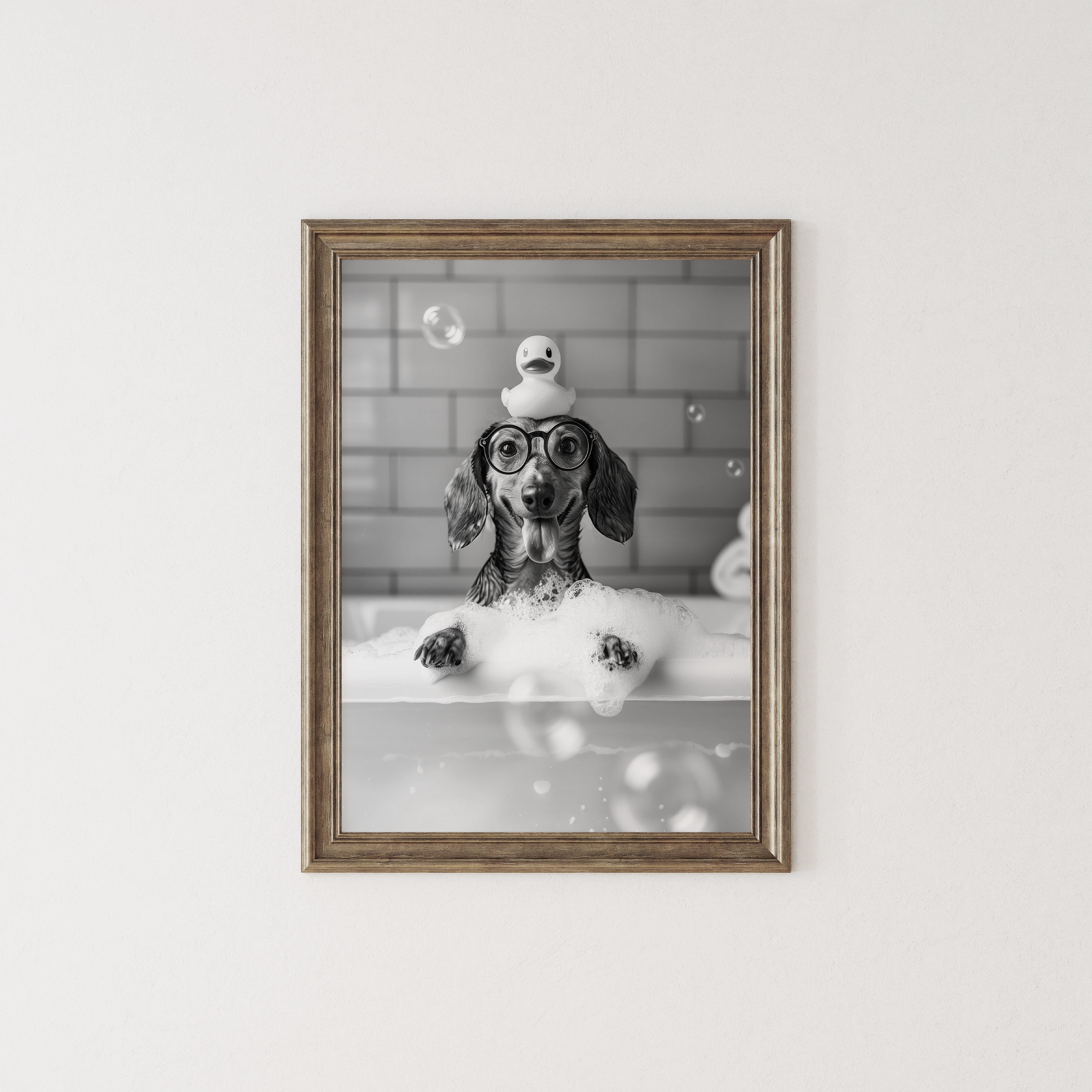 Dachshund Bath Wall Art: Wiener in Bathtub Poster, Funny Dog Art ...