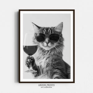ワインを飲むシベリア猫の壁アート、白黒プリント、バーカートプリント、猫の飼い主へのギフト、面白い猫のポスター、バーの装飾、キッチンの装飾