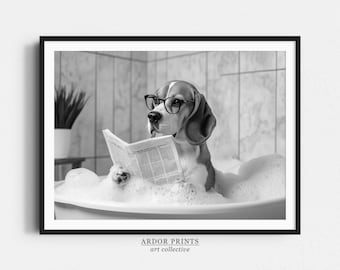 Impresión de Beagle en la bañera: Póster de perro leyendo el periódico, decoración divertida para el baño - Arte mural en blanco y negro