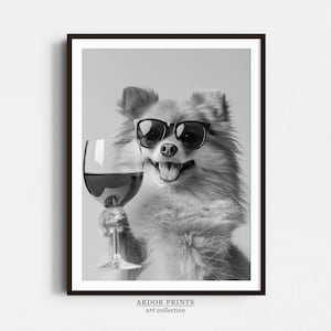 ポメラニアンがワインを飲むウォールアート、白黒プリント、ポメラニアン バーカート プリント、犬のギフト、面白い犬のポスター、バーの装飾、キッチンの装飾
