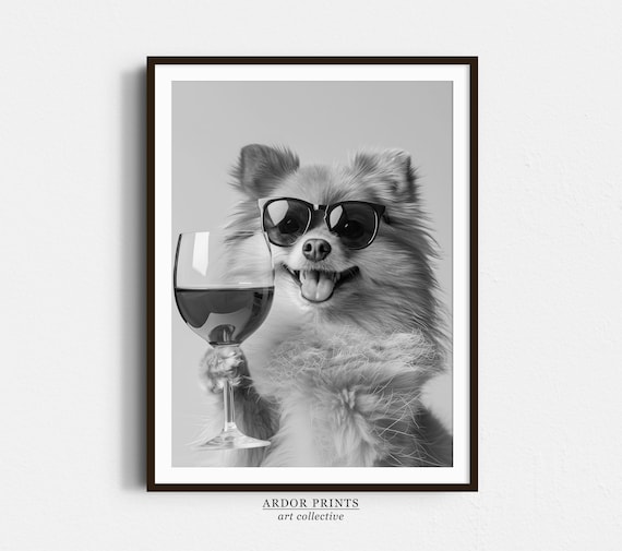 Pomeranian Drinking Wine Print: Bar Cart Print, Funny Dog Poster, Trendy Kitchen Decor - Black & White Wall Art