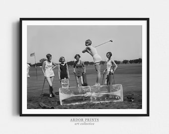 Vintage Women Golfers on Ice Print: Funny Retro Golf Art (Digital Download)