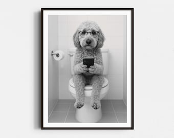 Impresión de Goldendoodle en el baño: póster de perro, arte canino moderno, decoración divertida de pared para baño con garabatos - Arte de pared en blanco y negro