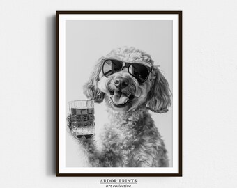 Funny Labradoodle Whiskey Print: Black and White Dog Art (Digital Download)