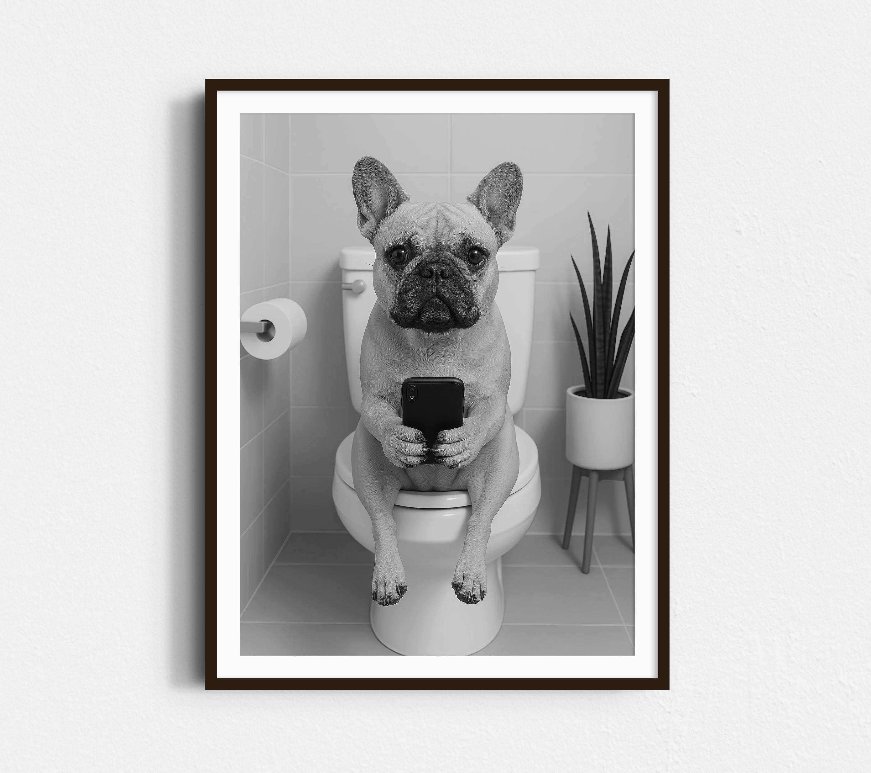 French Bulldog On Toilet Wall Art, Dog Texting, Black and White Print, Frenchie Art, Dog Owner Gift, Trendy Dog Poster, Bathroom Wall Decor