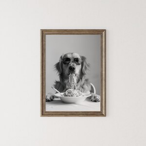 Golden Retriever Eating Pasta Wall Art: Funny Spaghetti Dog Print, Black & White Kitchen Decor, Retro Dog Poster image 4