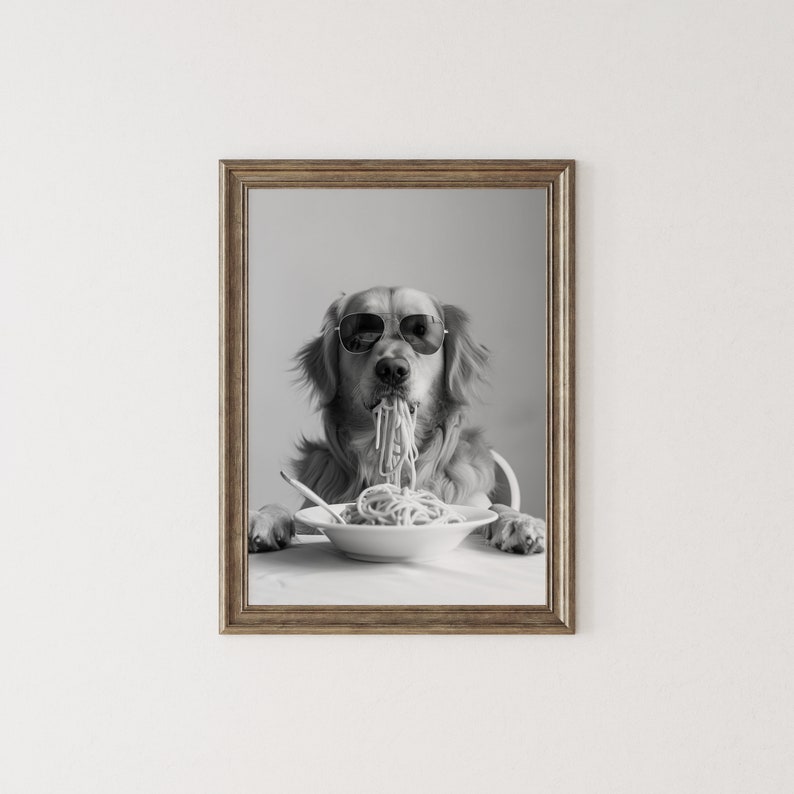 Golden Retriever Eating Pasta Wall Art: Funny Spaghetti Dog Print, Black & White Kitchen Decor, Retro Dog Poster image 4