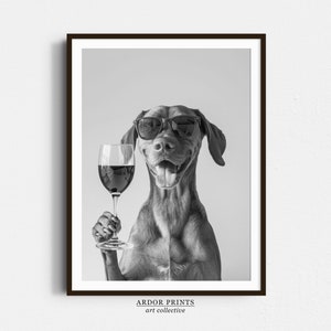ワインを飲むヴィズラのウォールアート、白黒プリント、ヴィズラのバーカートプリント、犬のギフト、面白い犬のポスター、バーの装飾、キッチンの装飾
