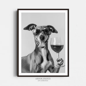 Greyhound wijn drinken kunst aan de muur, zwart-wit print, greyhound bar winkelwagen print, hond cadeau, grappige hond poster, bar decor, keuken decor