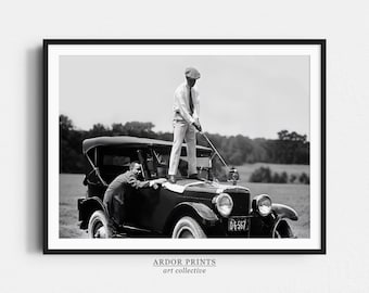 Golfer Teeing on Car Print:  Sports Bar Decor, Man Cave Poster, Retro Golf Print - Black and White Wall Art