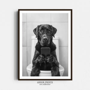 Impression toilettes Labrador noir : art mural salle de bain drôle, affiche de laboratoire, art chien tendance, décoration murale salle de bain - impression noir et blanc