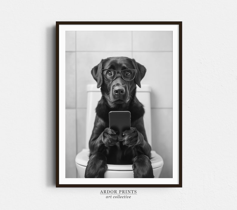 Black Labrador Sitting On Toilet Wall Art, Black Lab Texting On Phone, Black and White Print, Dog Gift, Trendy Dog Art, Bathroom Wall Decor