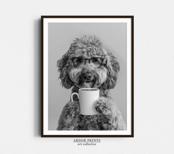 Goldendoodle Coffee Wall Art: Funny Doodle Dog Print, Coffee Bar Decor, Black & White Kitchen Poster