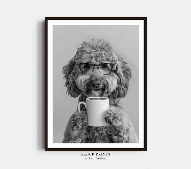 May include: A black and white photo of a dog wearing glasses and holding a cup of coffee. The dog is a poodle with curly hair and a serious expression.