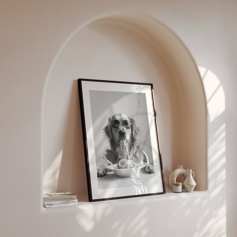 Golden Retriever Eating Pasta Wall Art: Funny Spaghetti Dog Print, Black & White Kitchen Decor, Retro Dog Poster image 2