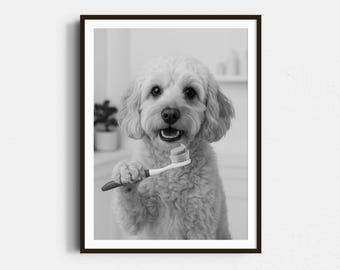 Cockapoo Brushing Teeth Print: Funny Bathroom Wall Art, Dog Poster - Black & White Print