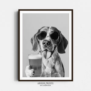 Beagle houdt bier kunst aan de muur, zwart-wit print, hond cadeau, bier alcohol print, poster grappige hond, bar kar decor, keuken muur decor, zwart-wit print, hond cadeau