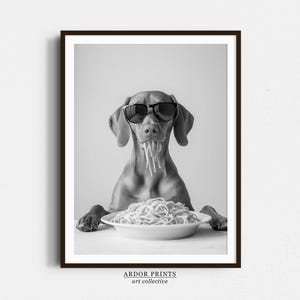 Vizsla Eating Pasta Wall Art, Vizsla Spaghetti Print, Black and White Print, Food Print, Dog Gift, Funny Dog Poster, Kitchen Wall Decor