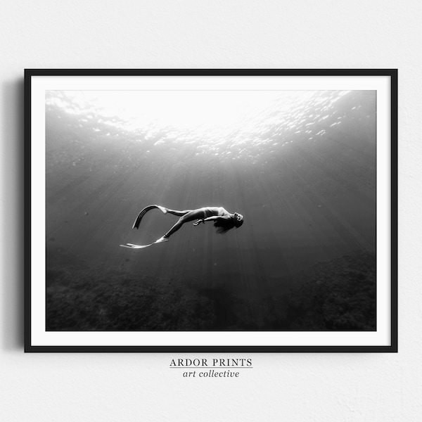 Graceful Woman Snorkeling in Ocean Wall Art, Under Water Wall Art, Black and White Print, Vintage Ocean Poster, Printable Art
