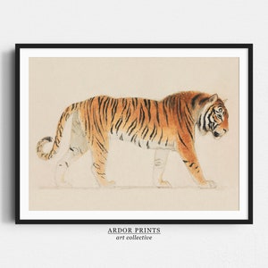 Arte mural vintage de tigre, impresión de tigre, póster de tigre al ritmo de la música, pintura en colores apagados, obra de arte animal vintage, decoración de pared antigua