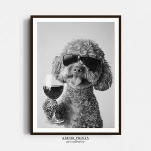 ワインを飲むキャバドゥードルの壁アート、白黒プリント、キャバドゥードルのギフト、アルコールプリント、バーカートアート、面白い犬のポスター、キッチンの壁の装飾