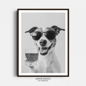 Jack Russell-kunst aan de muur drinken whisky, bourbonglas, zwart-wit print, hond cadeau, grappige hond poster, barwagen print, keuken wanddecoratie