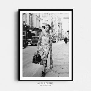 French Woman With Baguette and Wine Wall Art, Streets of Paris France 1940s, Black and White Print, Vintage Photo, Retro Wall Decor
