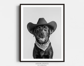 Chocolate Labrador Cowgirl Hut Druck, Western Illustration, schwarz weiß Wandkunst, Hunde Geschenk, Western Hund Kunst, Hunde Poster, trendiges Cowboy-Dekor