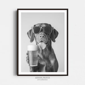 Vizsla Drinking Beer Wall Art, Black and White Print, Dog Gift, Vizsla Beer Print, Funny Dog Poster, Bar Cart Decor, Kitchen Wall Decor
