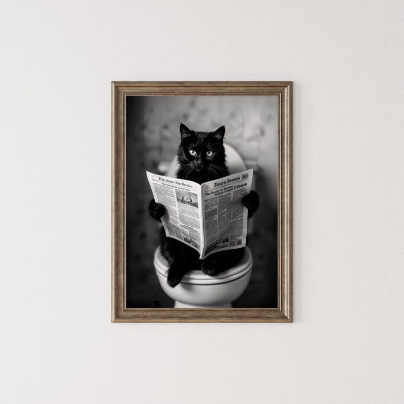 Cat Sitting on Toilet Print, Black Cat Reading Newspaper, Black and