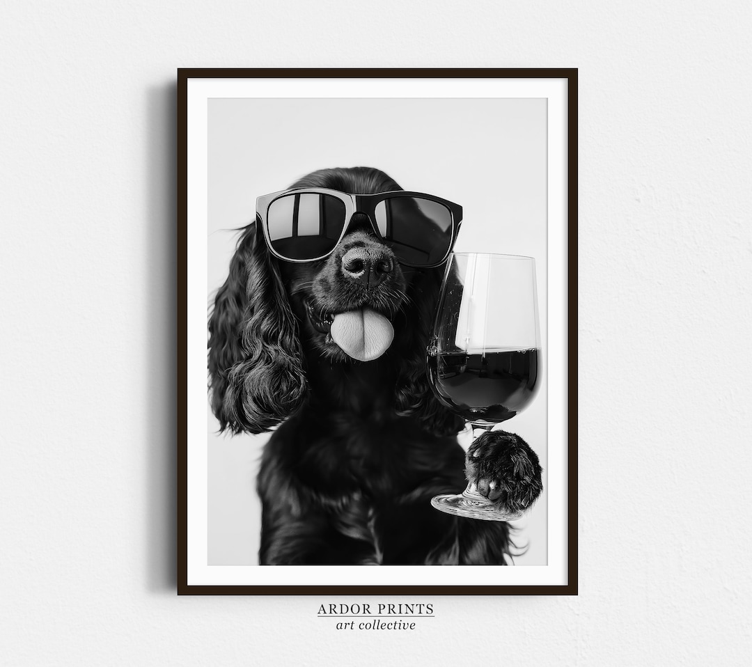 Black Cocker Spaniel and Wine Print: Funny Dog Art, Bar Cart Poster ...