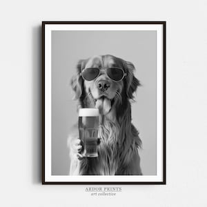ビールを持ったゴールデンレトリバーのウォールアート、白黒プリント、犬のギフト、ビールアルコールプリント、面白い犬のポスター、バーカートの装飾