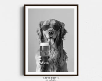 Golden Retriever Drinking Beer Pint: Funny Dog Print, Bar Cart Dog Decor, Man Cave Poster - Black & White Wall Art
