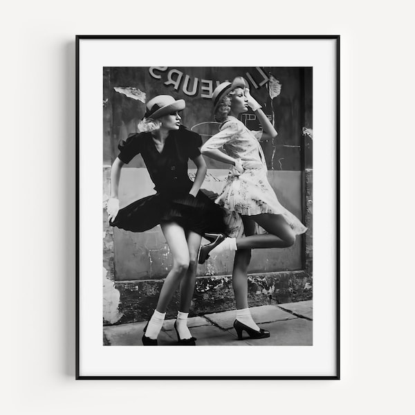 Vintage Women Dancing Wall Art, Retro Women Fashion, Chic Ladies Posing, Black and White Print, Vintage Photo, Feminist Wall Decor