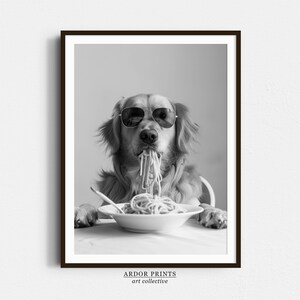 Golden Retriever Eating Pasta Wall Art: Funny Spaghetti Dog Print, Black & White Kitchen Decor, Retro Dog Poster image 1