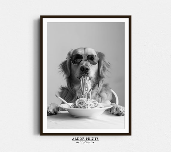 Golden Retriever Eating Pasta Wall Art: Funny Spaghetti Dog Print, Black & White Kitchen Decor, Retro Dog Poster
