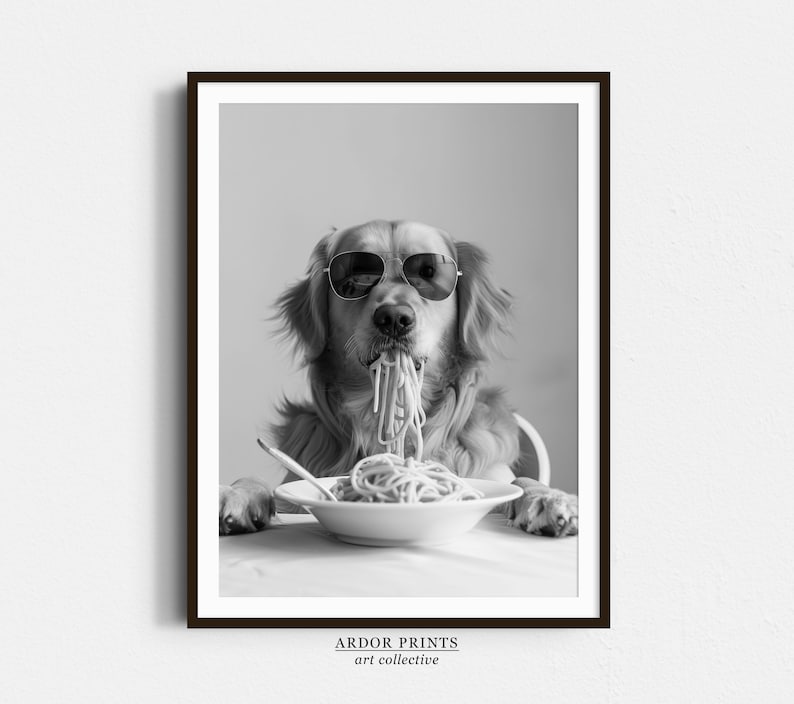 Golden Retriever Eating Pasta Wall Art: Funny Spaghetti Dog Print, Black & White Kitchen Decor, Retro Dog Poster image 1