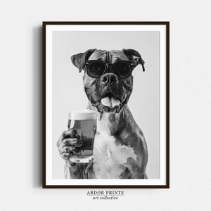 ビールを持ったボクサーのウォールアート、白黒プリント、犬のギフト、ビールアルコールプリント、面白い犬のポスター、バーカートの装飾、キッチンの壁の装飾