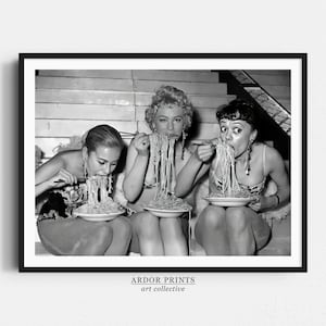 Women Eating Spaghetti With Chopsticks Wall Art, Women Eating Pasta Print, Black and White Photo, Vintage Wall Art, Retro Wall Decor