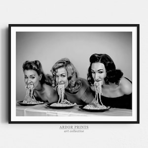 Women Eating Spaghetti Print, Vintage Pasta Wall Art, Funny Spaghetti Eating Competition Poster, Black & White Art, Retro Wall Decor