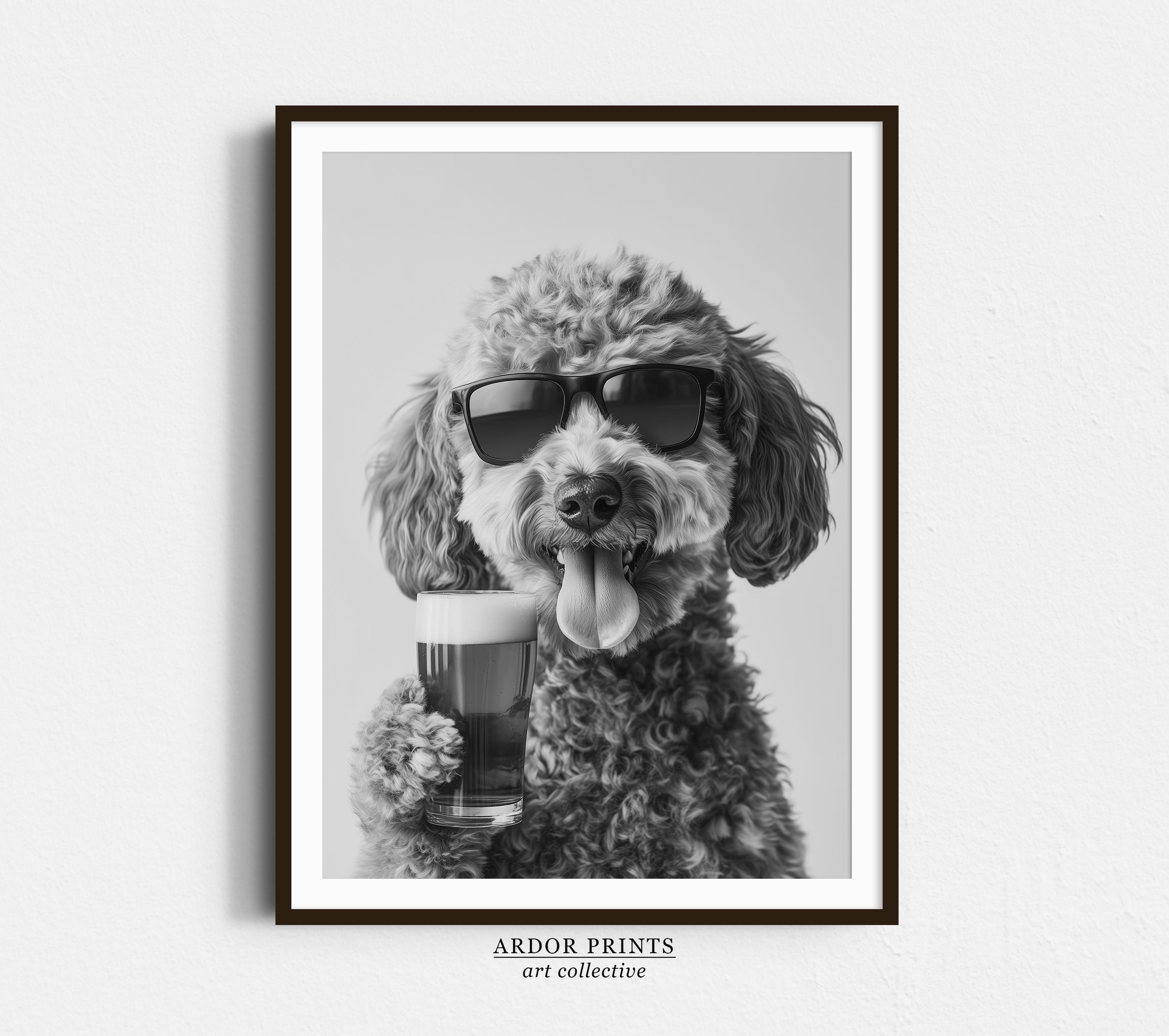Goldendoodle Drinking Beer Pint: Funny Doodle Dog Print, Bar Cart