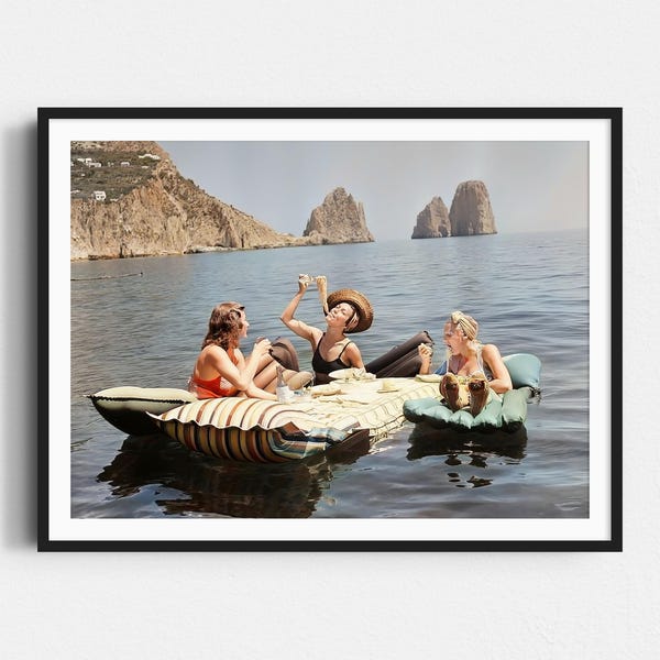 Women Eating Pasta Print: Retro Capri Picnic, Funny Lake Poster, Vintage Spaghetti Wall Decor