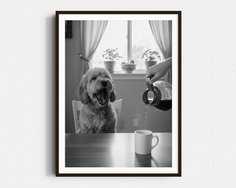 Yawning Cockapoo Coffee Wall Art – Funny Morning Dog Poster, Retro Coffee Bar Print, Vintage Kitchen Decor, Humor Animal Art