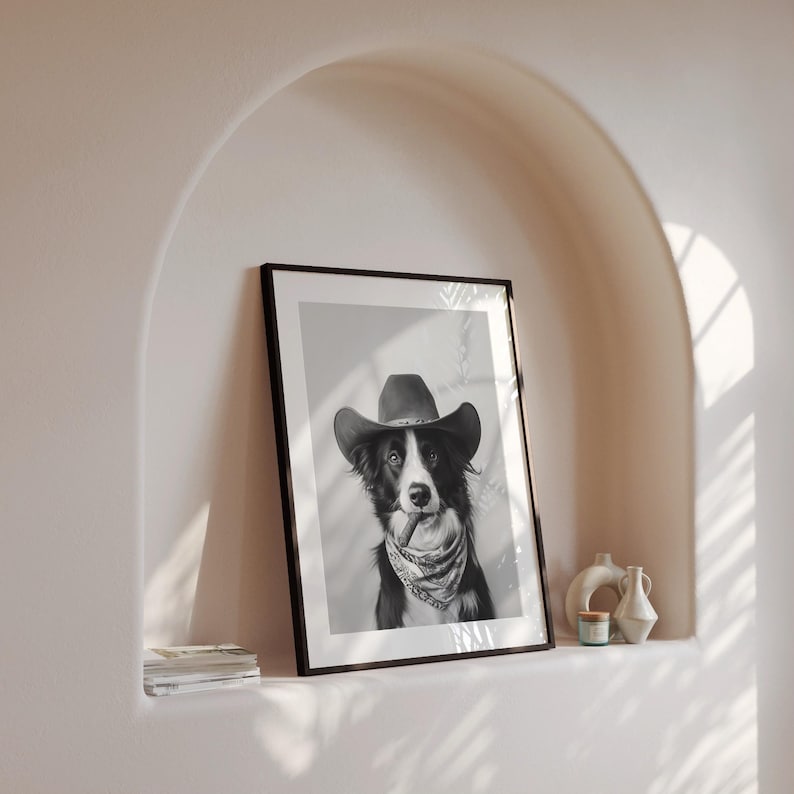 Border Collie Cowboy Wall Art, Western Print, Black and White Print