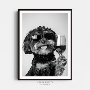 Lhasapoo wijn drinken kunst aan de muur, zwart-wit print, Lhasapoo cadeau, alcohol print, bar winkelwagen kunst, poster grappige hond, poster keuken, muur decor keuken