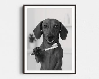 Dachshund Brushing Teeth Print: Funny Dog Bathroom Wall Art (Digital Download)