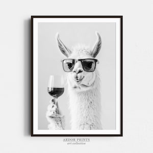 ワインを飲むラマの壁アート、白黒プリント、動物アート、バーカートプリント、アルパカポスター、面白い壁アート、バーの装飾、キッチンの装飾