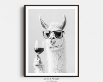 Llama Drinking Wine Art Print: Funny Bar Cart Decor (Digital Download)