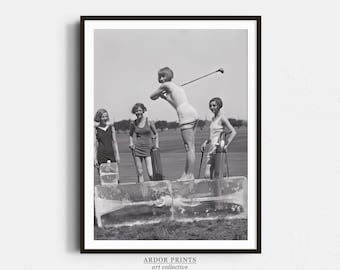 Women Golfers on Ice Wall Art: Vintage Golf Poster, Funny Sports Bar Decor, Retro Black & White Golf Print