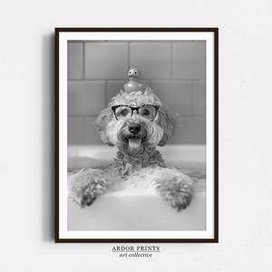 Cockapoo Bath Wall Art, Dog and Rubber Duck Bath Tub, Black and White Print, Dog Owner Gift, Funny Dog Poster, Bathroom Wall Decor